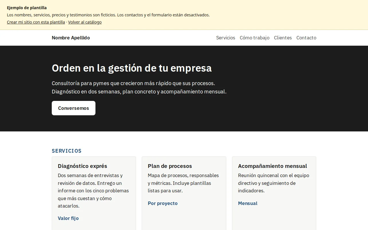 Página de ejemplo para consultor o freelance, con sus servicios y contacto
