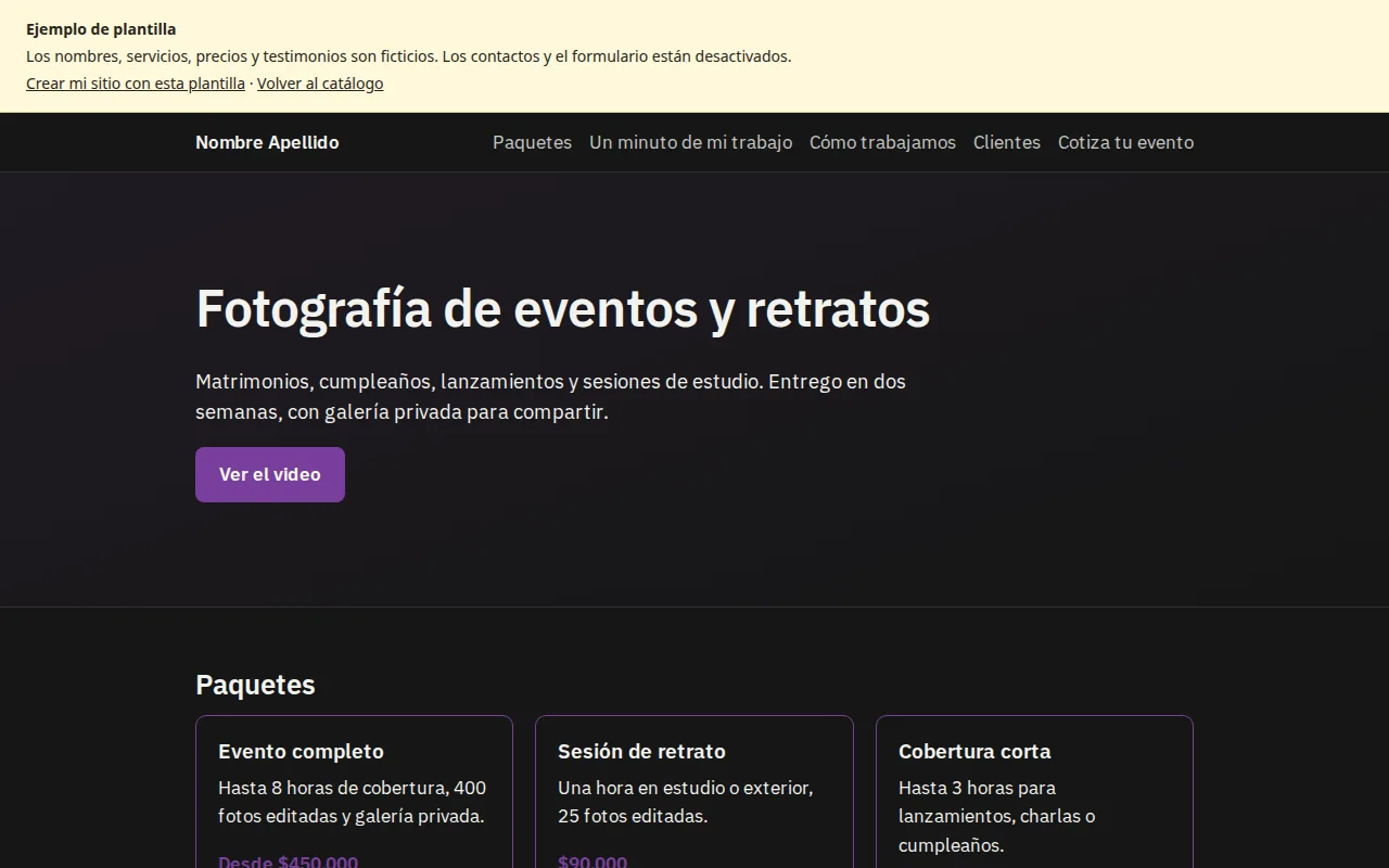 Página de ejemplo para evento o portafolio, con sus servicios y contacto