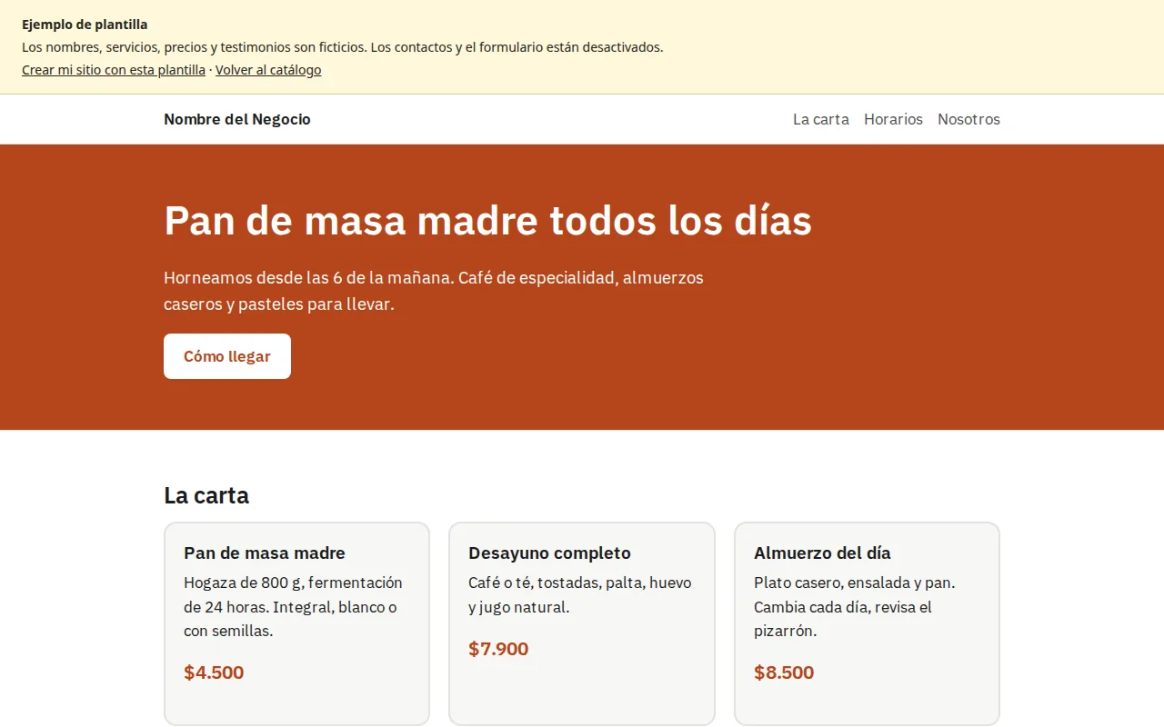 Página de ejemplo para negocio local, con sus servicios y contacto