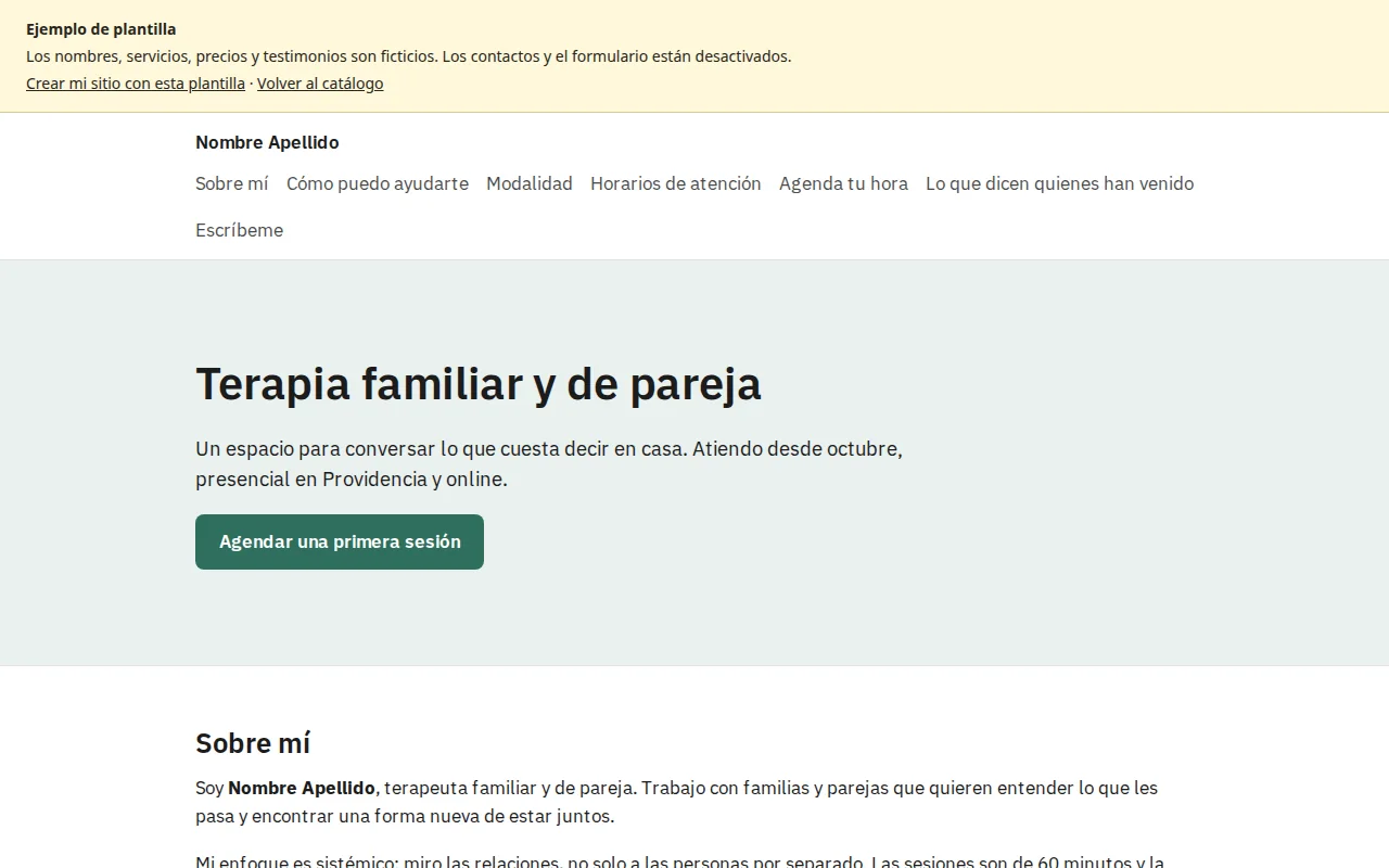 Página de ejemplo para profesional de la salud, con sus servicios y contacto